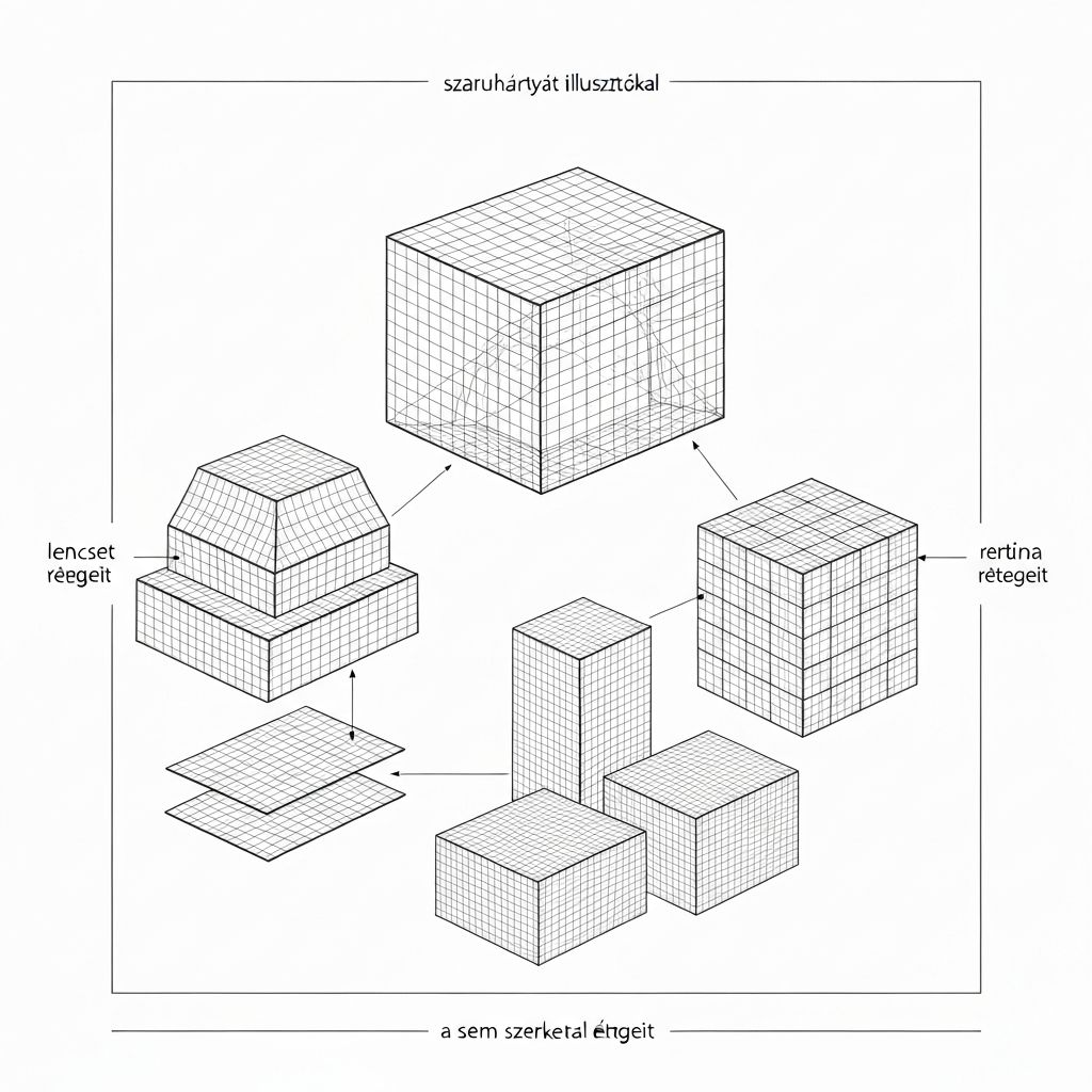 Sematikus, minimalista illusztráció egy stilizált szemről, amelyen az optikai struktúrák absztrakt formákként jelennek meg: a szaruhártya, a lencse és a retina rétegei geometrikus vonalakkal ábrázolva, semleges háttér előtt