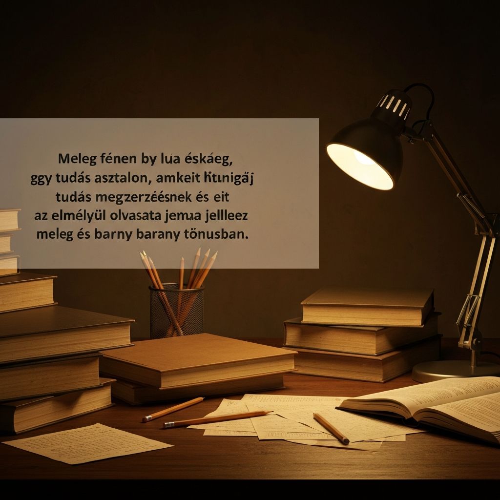 Nyitott könyvek és jegyzetek puha fénnyel megvilágított asztalon, amelyeket a tudás megszerzésének és az elmélyült olvasásnak hangulata jellemez, meleg, barna és arany tónusokban, filmszerű mélységélességgel