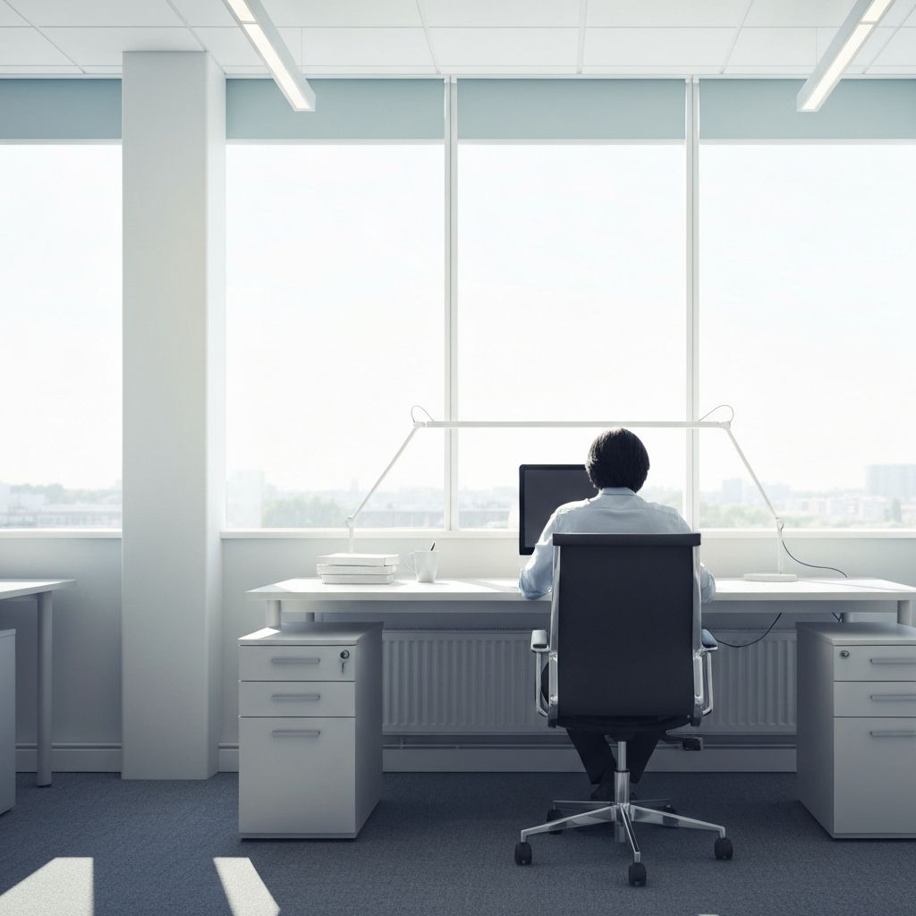 Ergonomikusan berendezett, természetes fénnyel megvilágított munkaterület, ahol egy személy háttal látható egy asztal előtt, az ablakból szűrődő fény rávetül a felületre, hangsúlyozva a munkakörnyezet és a vizuális kényelem összefüggését