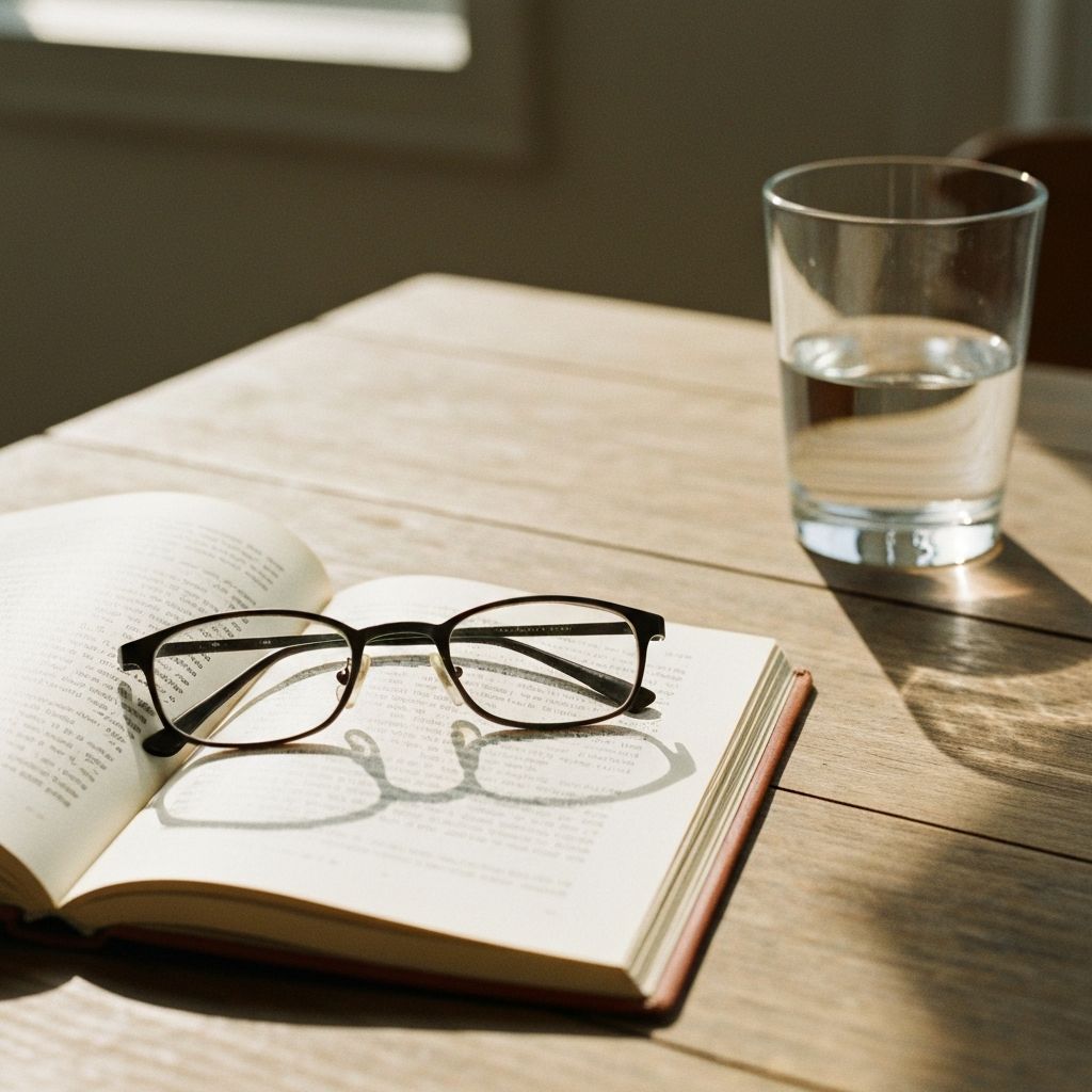 Csendélet szemüveg keretekkel, egy nyitott könyv és egy pohár víz természetes fényben egy fa asztalon, meleg, filmszerű hangulattal, amely a gondos, tudatos mindennapokat szimbolizálja